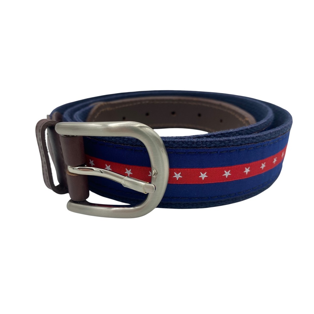 The Belted Cow Co Mens Stars and Stripes Web Belt Blue Red Leather Brass Size 40